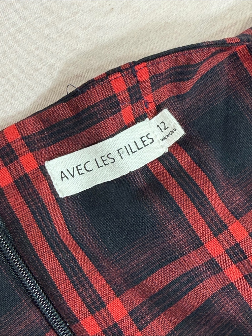 Avec Les Filles Red Black Plaid Midi Dress V-Neck Pockets Size 12 - Picture 6 of 7